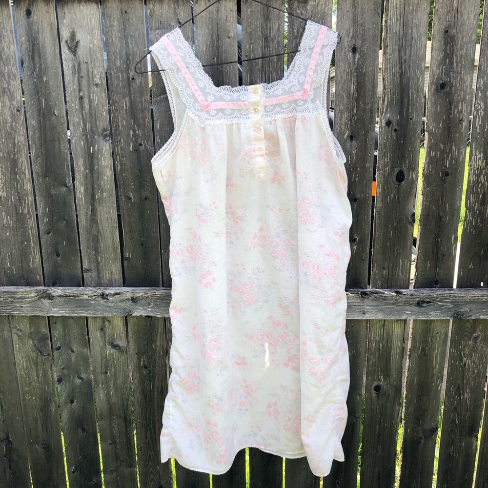 Vintage Floral Lace Nightgown - White with Soft Pink Print